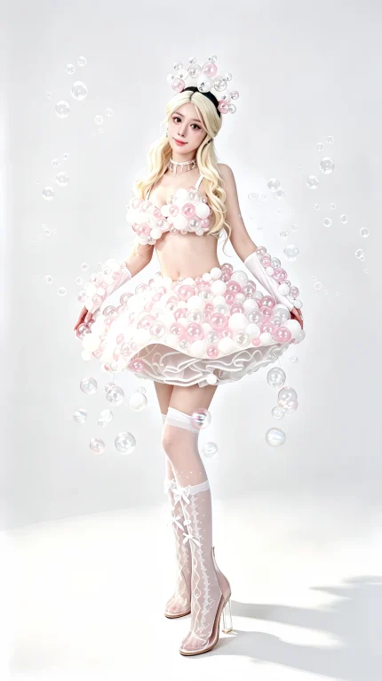 White Pink Bubble Flower Stage Costume