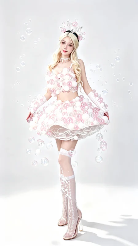 White Pink Bubble Flower Stage Costume