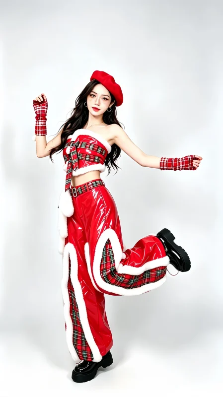 Red Plaid Christmas Party Performance Costume Set