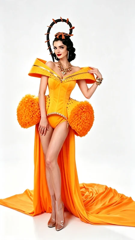 Orange Sculptural Stage Performance Gown