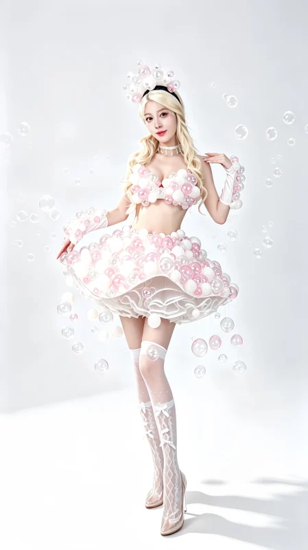 White Pink Bubble Flower Stage Costume
