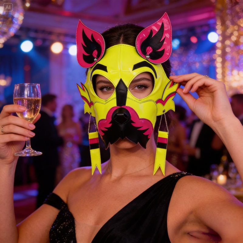 Neon Yellow Green Wolf Dog PU Leather Mask with Goggles for Halloween Cosplay