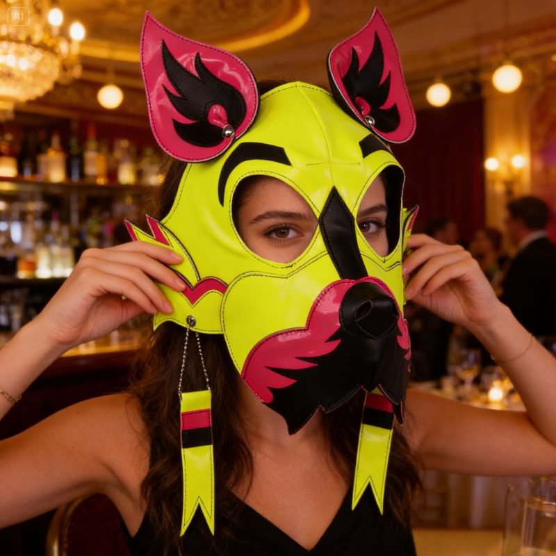 Neon Yellow Green Wolf Dog PU Leather Mask with Goggles for Halloween Cosplay