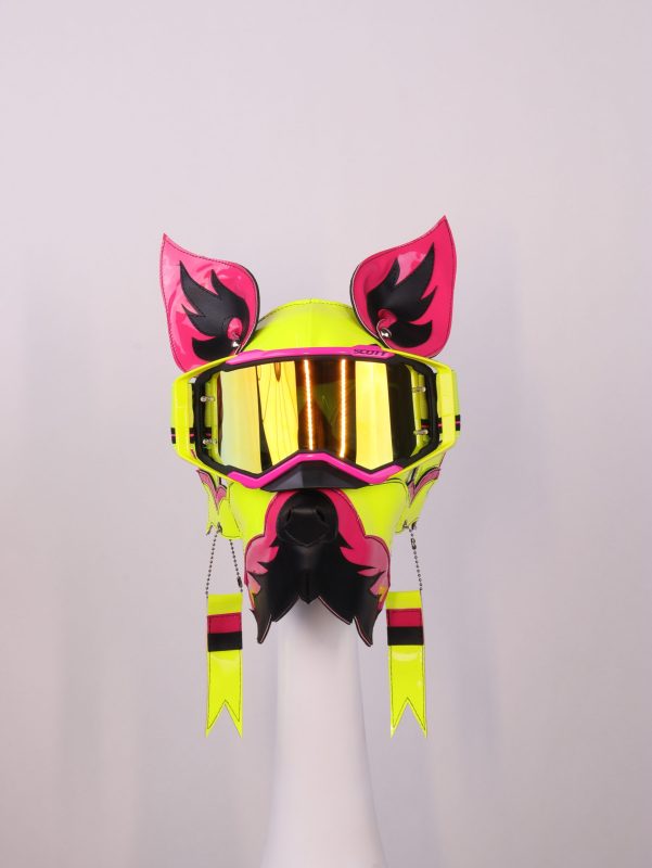 Neon Yellow Green Wolf Dog PU Leather Mask with Goggles for Halloween Cosplay
