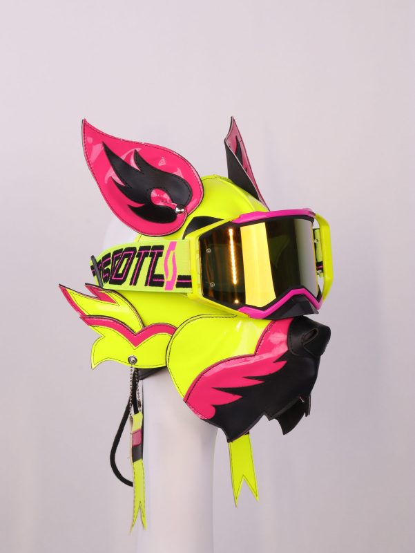 Neon Yellow Green Wolf Dog PU Leather Mask with Goggles for Halloween Cosplay