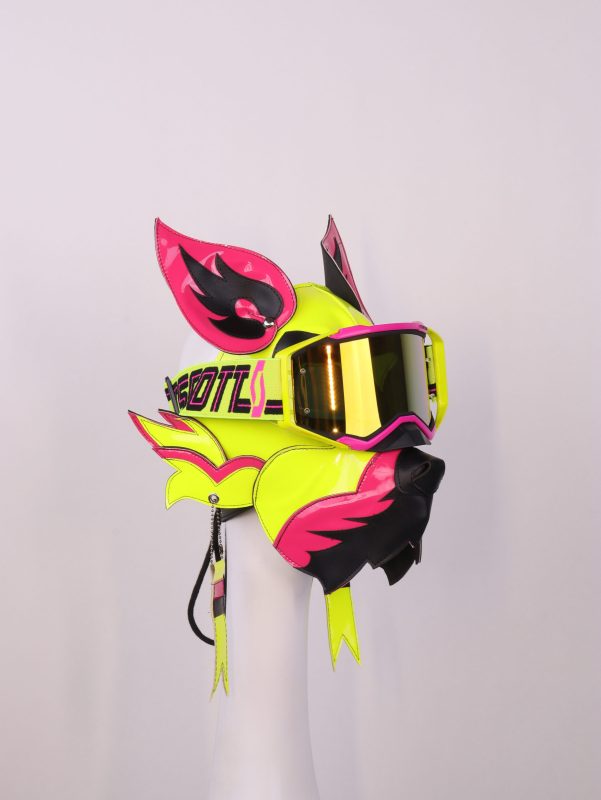 Neon Yellow Green Wolf Dog PU Leather Mask with Goggles for Halloween Cosplay