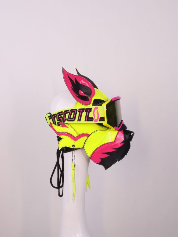 Neon Yellow Green Wolf Dog PU Leather Mask with Goggles for Halloween Cosplay