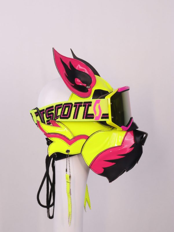 Neon Yellow Green Wolf Dog PU Leather Mask with Goggles for Halloween Cosplay