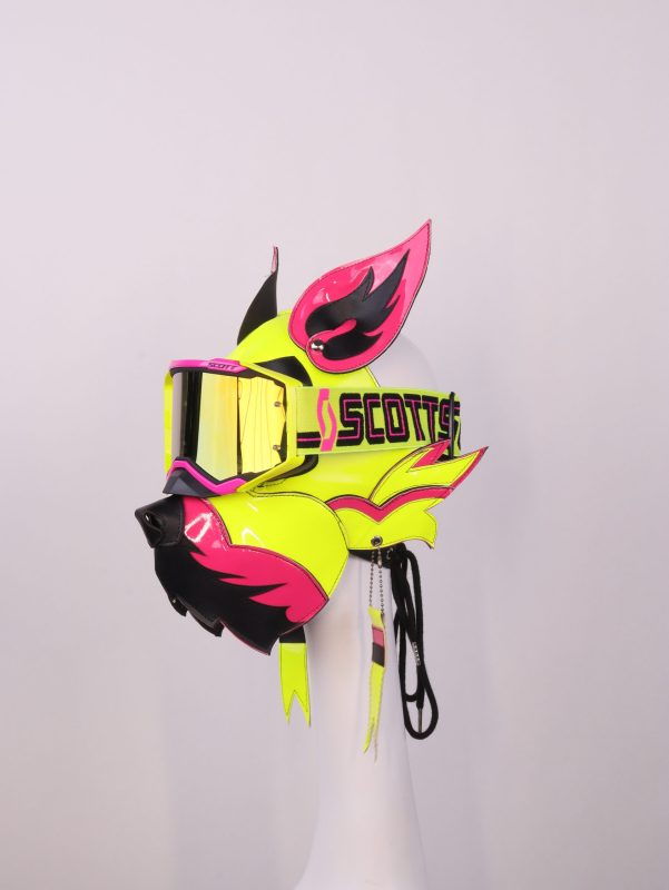 Neon Yellow Green Wolf Dog PU Leather Mask with Goggles for Halloween Cosplay