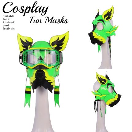Neon Green Yellow Wolf Dog PU Leather Mask with Goggles for Halloween Cosplay