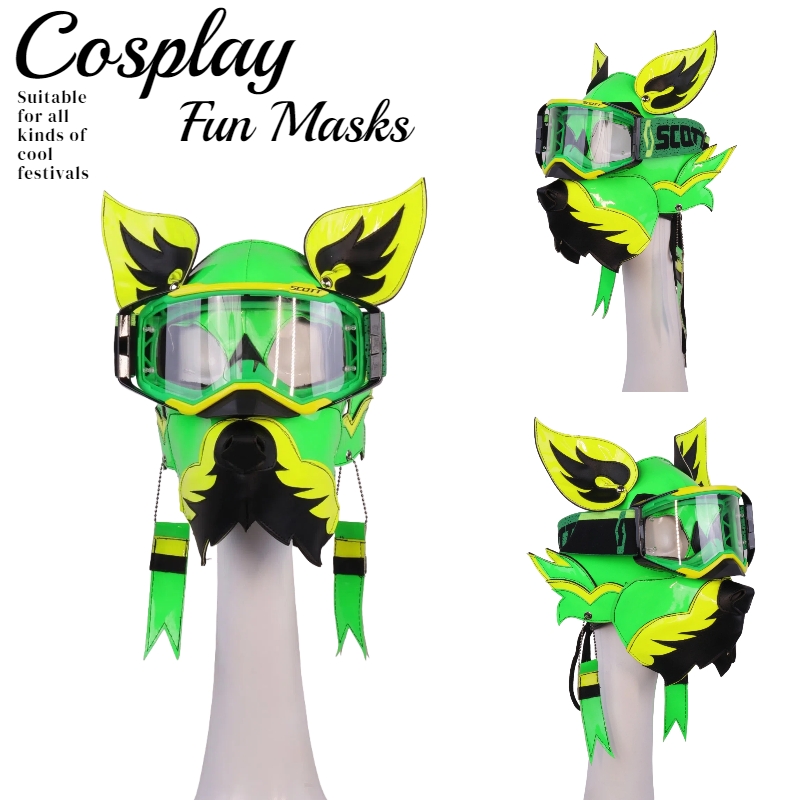 Neon Green Yellow Wolf Dog PU Leather Mask with Goggles for Halloween Cosplay