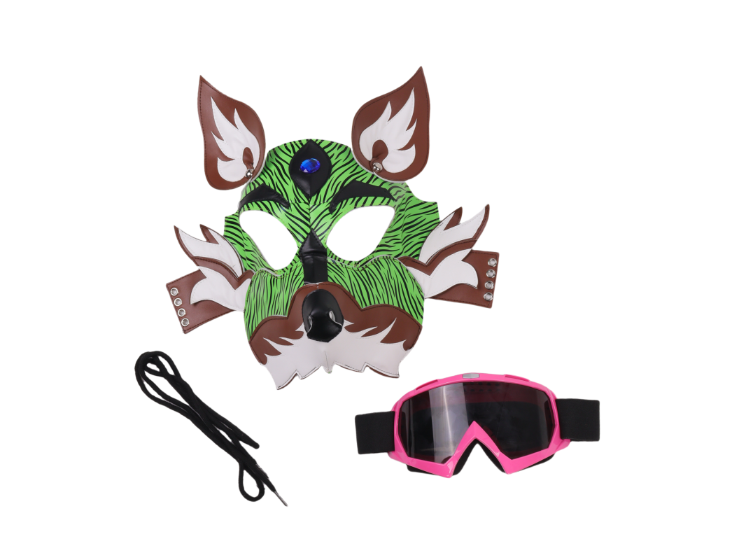 Neon Green Yellow Wolf Dog PU Leather Mask with Goggles for Halloween Cosplay