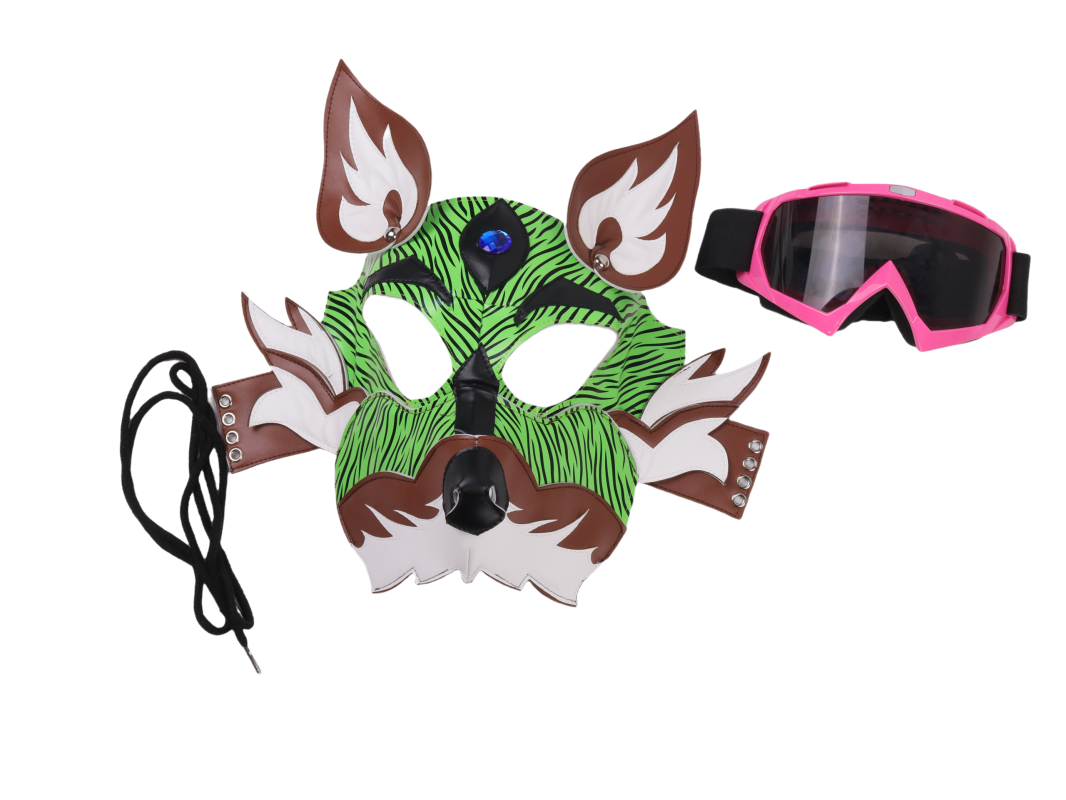 Neon Green Yellow Wolf Dog PU Leather Mask with Goggles for Halloween Cosplay