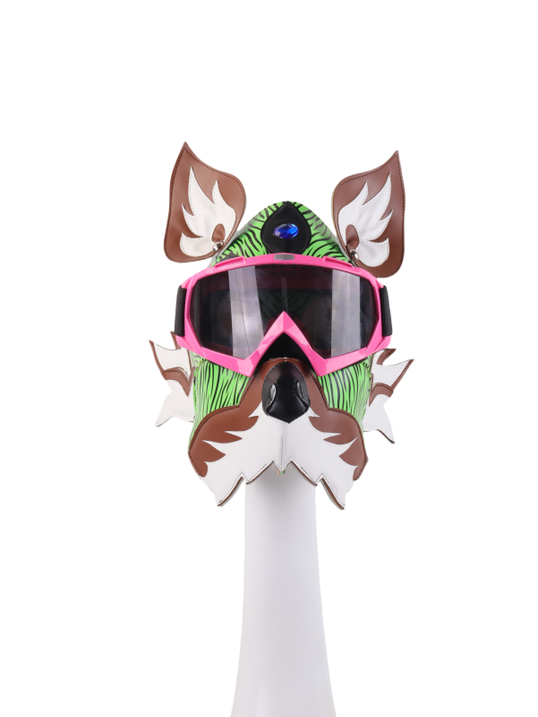 Neon Green Yellow Wolf Dog PU Leather Mask with Goggles for Halloween Cosplay