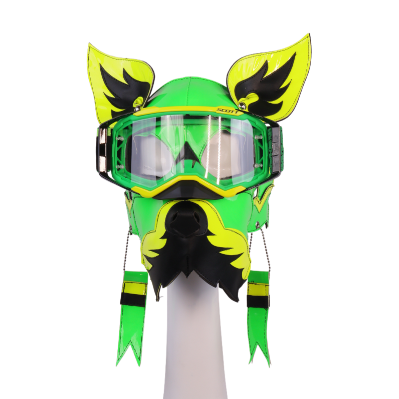 Neon Green Yellow Wolf Dog PU Leather Mask with Goggles for Halloween Cosplay