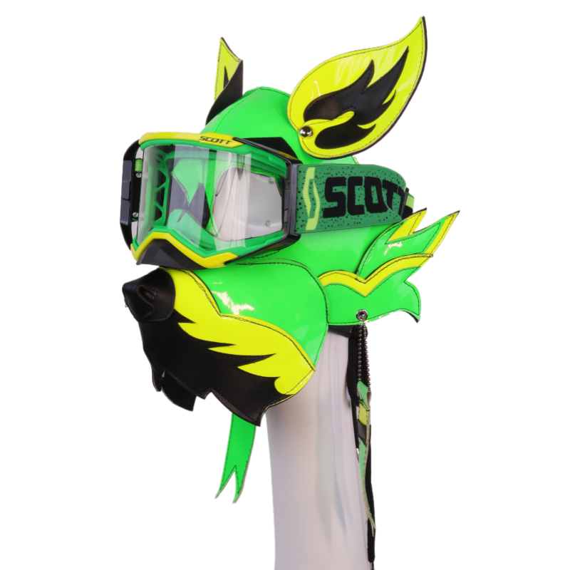 Neon Green Yellow Wolf Dog PU Leather Mask with Goggles for Halloween Cosplay