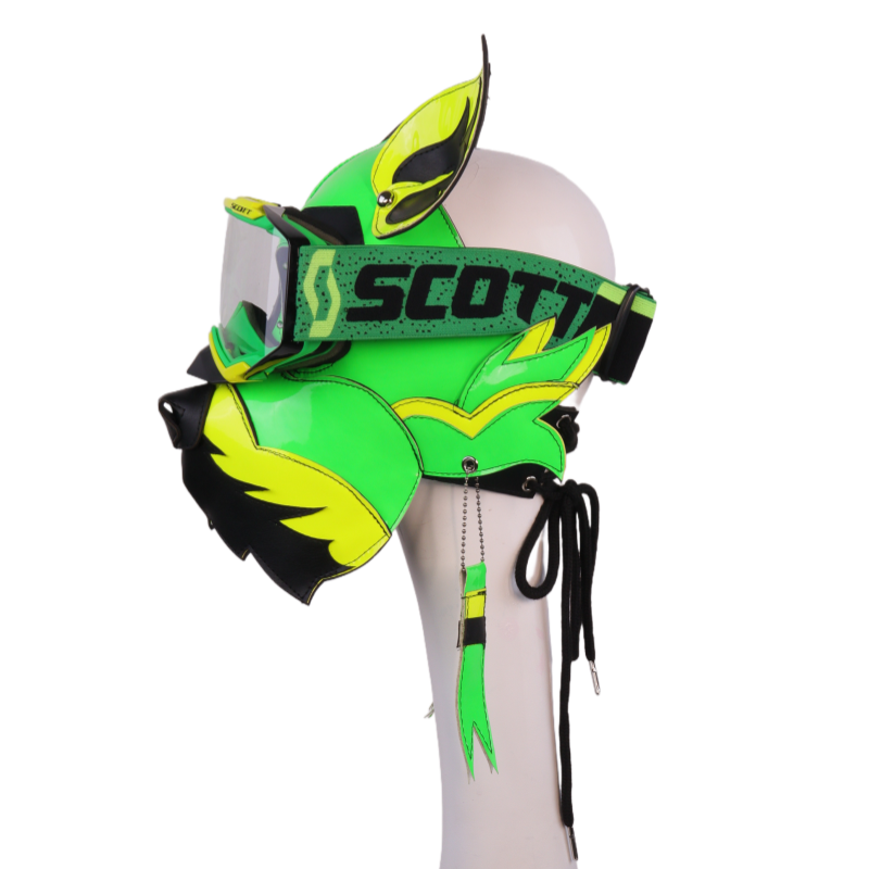 Neon Green Yellow Wolf Dog PU Leather Mask with Goggles for Halloween Cosplay