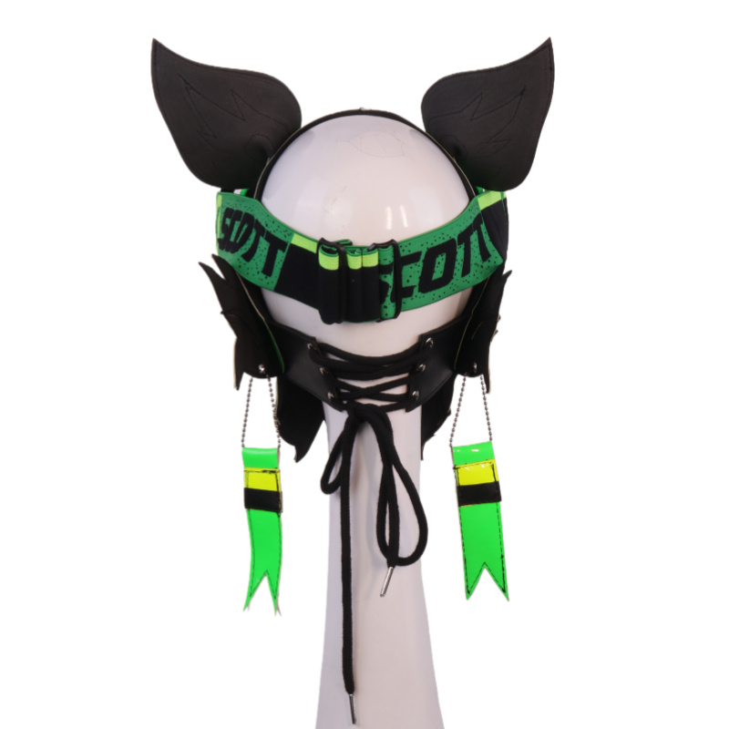 Neon Green Yellow Wolf Dog PU Leather Mask with Goggles for Halloween Cosplay