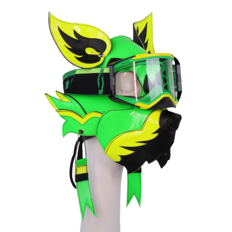 Neon Green Yellow Wolf Dog PU Leather Mask with Goggles for Halloween Cosplay