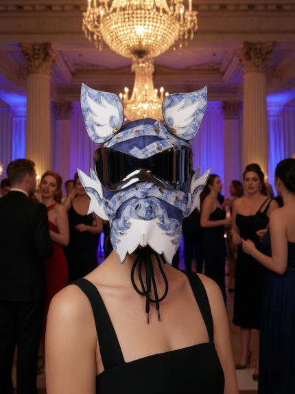 Blue White Porcelain Wolf Dog PU Leather Mask with Goggles for Halloween Cosplay