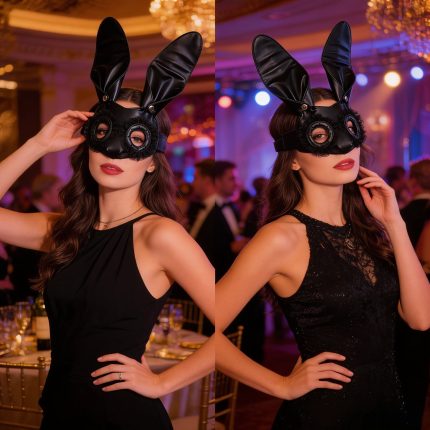 Black Bunny Ear PU Leather Mask with Lace Trim for Halloween Cosplay