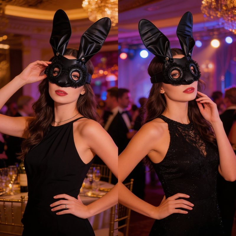 Black Bunny Ear PU Leather Mask with Lace Trim for Halloween Cosplay