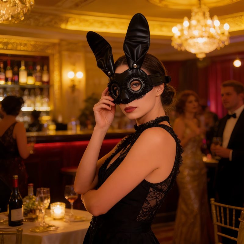 Black Bunny Ear PU Leather Mask with Lace Trim for Halloween Cosplay