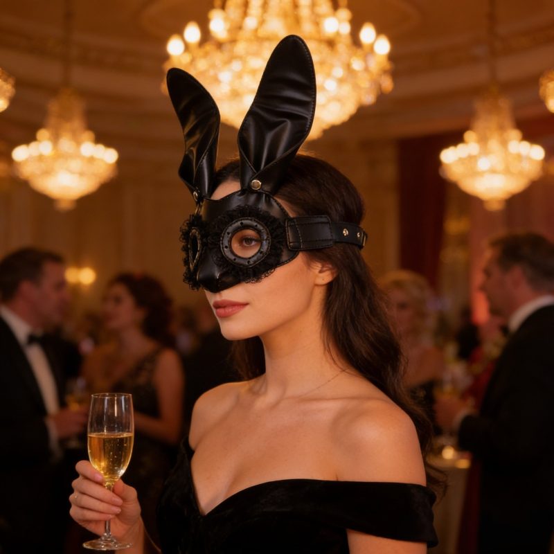 Black Bunny Ear PU Leather Mask with Lace Trim for Halloween Cosplay
