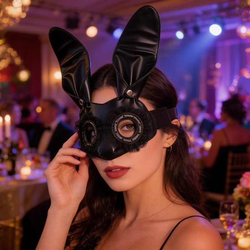 Black Bunny Ear PU Leather Mask with Lace Trim for Halloween Cosplay