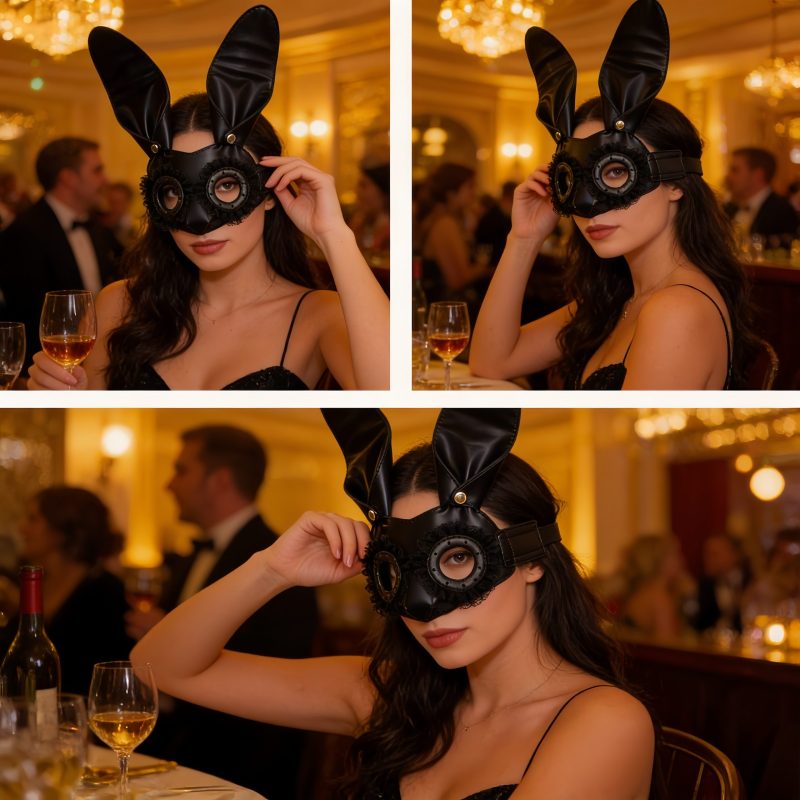 Black Bunny Ear PU Leather Mask with Lace Trim for Halloween Cosplay