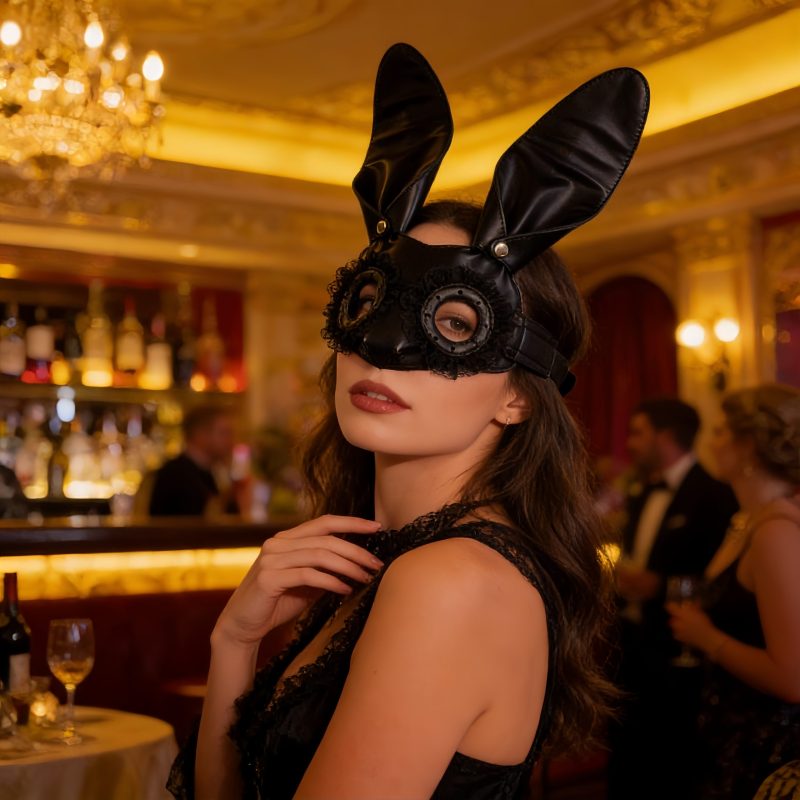 Black Bunny Ear PU Leather Mask with Lace Trim for Halloween Cosplay