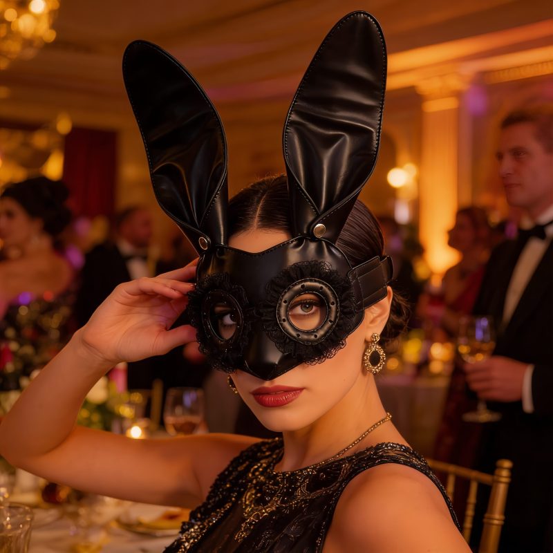 Black Bunny Ear PU Leather Mask with Lace Trim for Halloween Cosplay