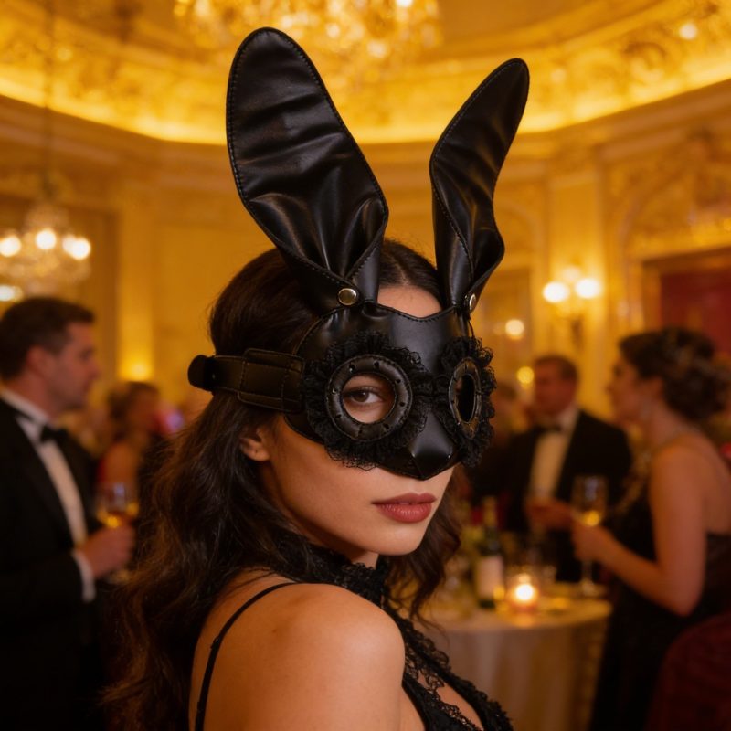 Black Bunny Ear PU Leather Mask with Lace Trim for Halloween Cosplay