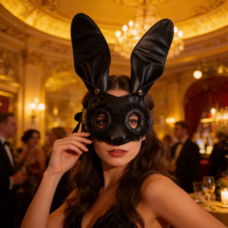 Black Bunny Ear PU Leather Mask with Lace Trim for Halloween Cosplay
