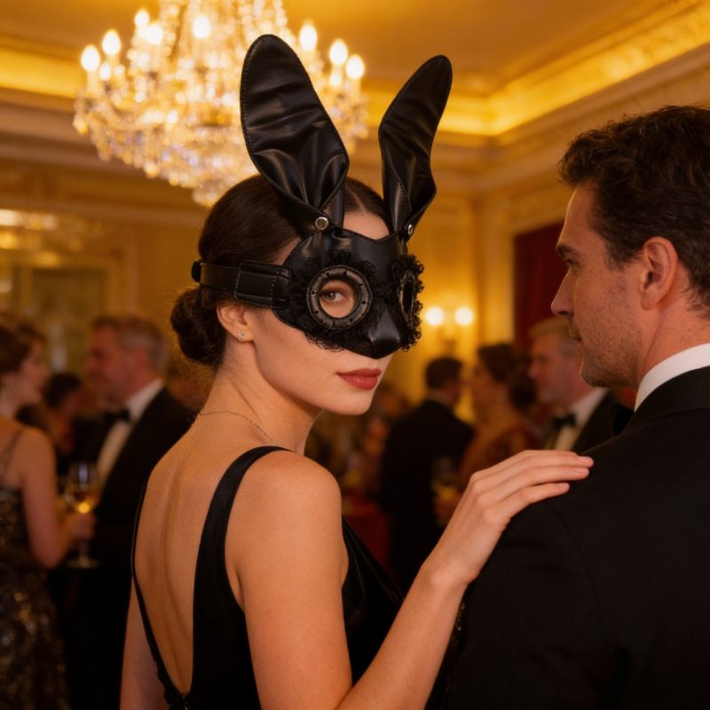 Black Bunny Ear PU Leather Mask with Lace Trim for Halloween Cosplay