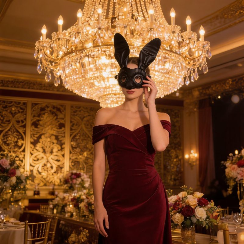 Black Bunny Ear PU Leather Mask with Lace Trim for Halloween Cosplay