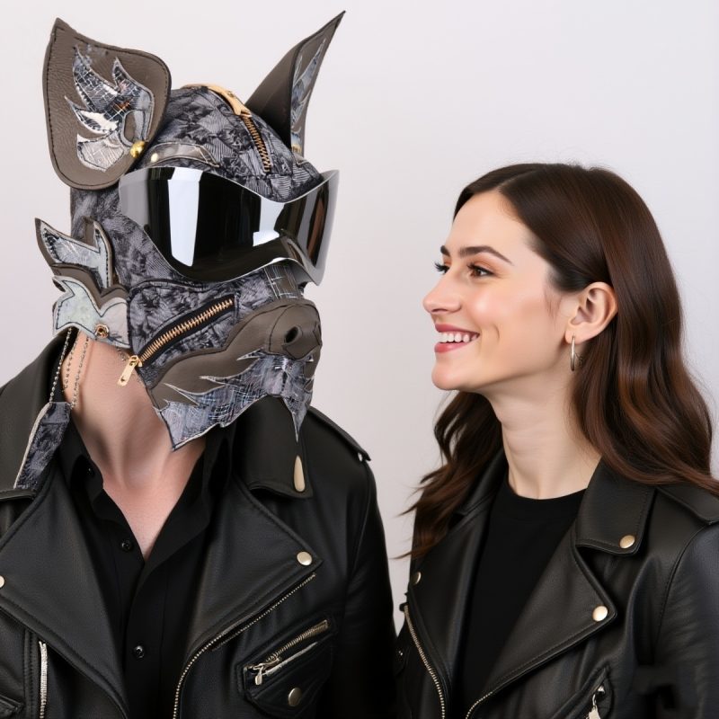 Black Gray Cyberpunk Dog PU Leather Mask with Mirror Goggles for Halloween Cosplay