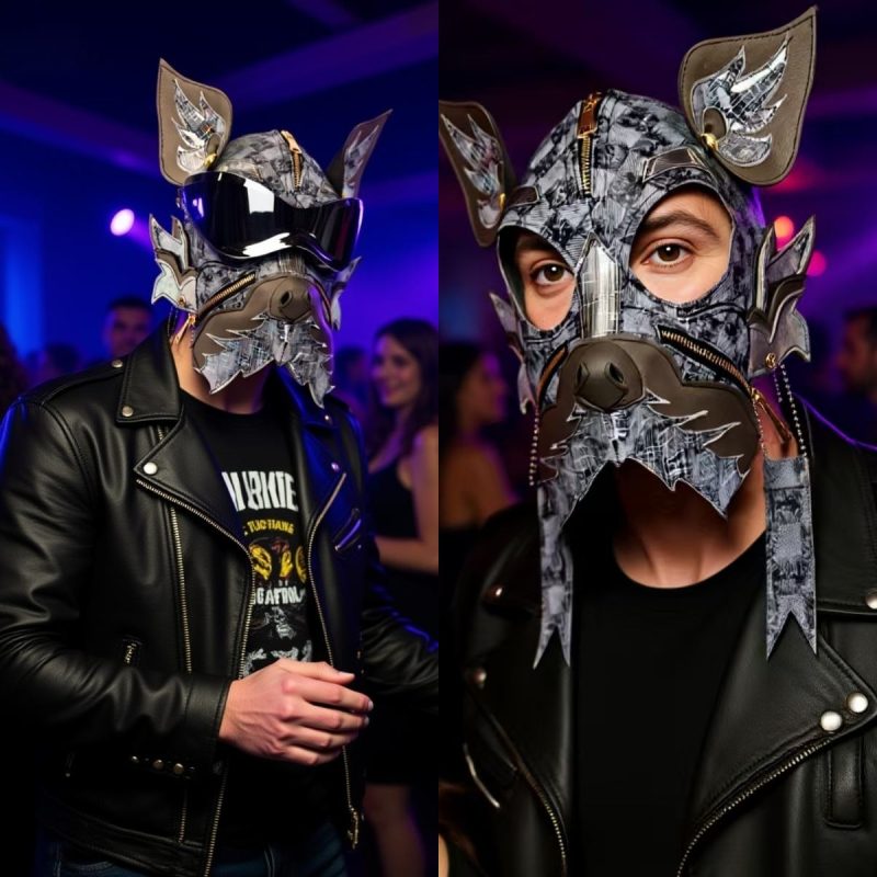 Black Gray Cyberpunk Dog PU Leather Mask with Mirror Goggles for Halloween Cosplay
