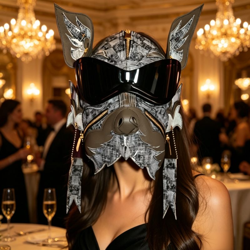 Black Gray Cyberpunk Dog PU Leather Mask with Mirror Goggles for Halloween Cosplay