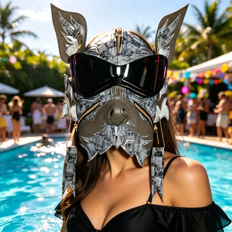 Black Gray Cyberpunk Dog PU Leather Mask with Mirror Goggles for Halloween Cosplay