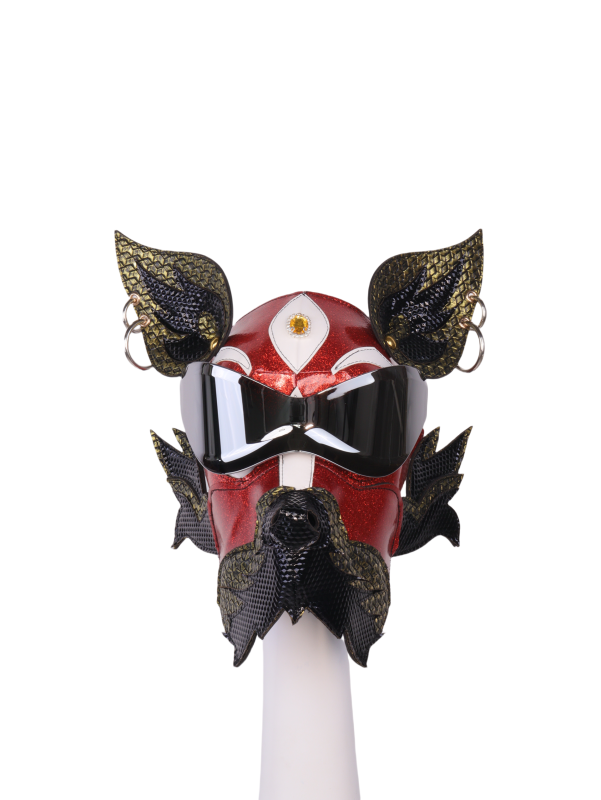 Red Gold Wolf Dog PU Leather Mask with Goggles for Halloween Cosplay