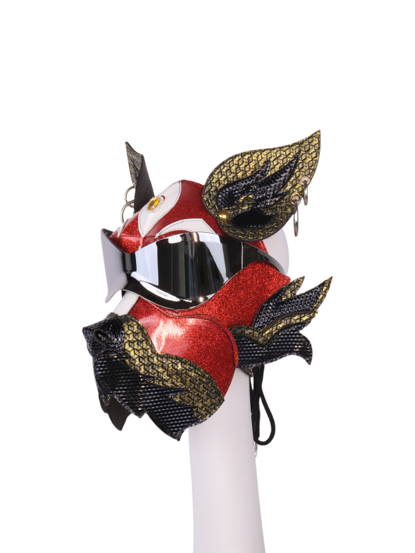 Red Gold Wolf Dog PU Leather Mask with Goggles for Halloween Cosplay