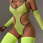 Neon Green Fishnet Cutout Bodysuit