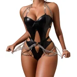 Black Chain PU Cutout Bodysuit