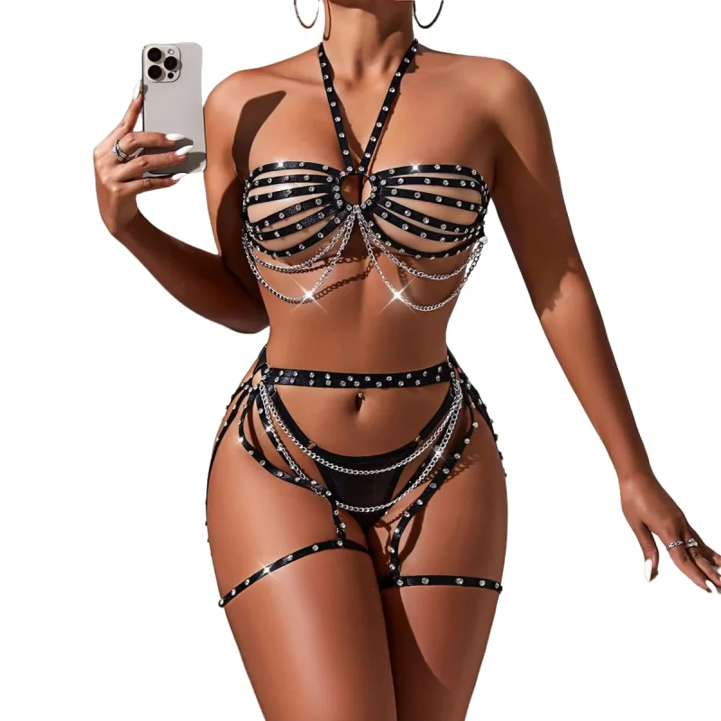 Black Studded Chain Cage Lingerie Set for Women