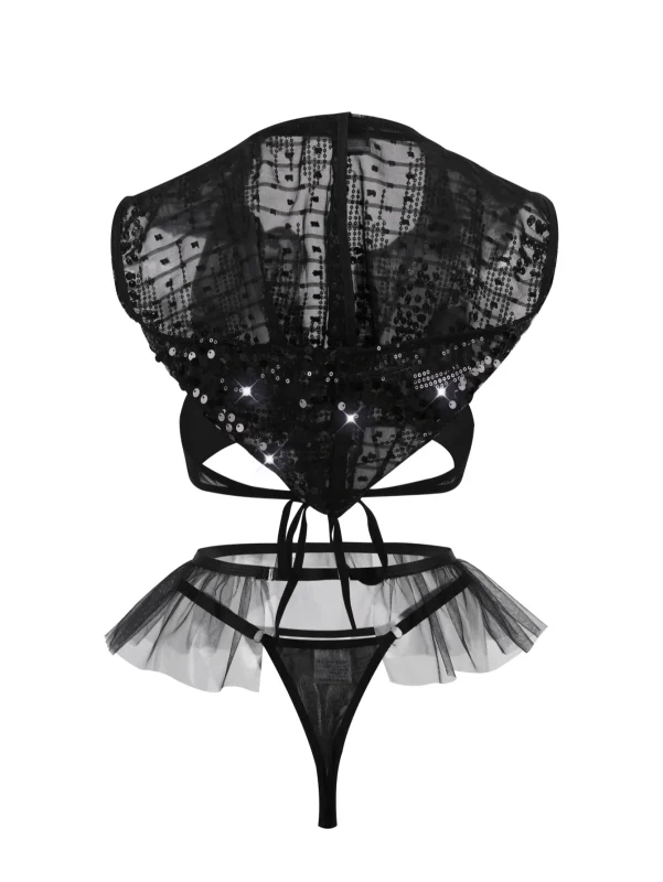 Black White Ruffle Cutout Lingerie Set for Women