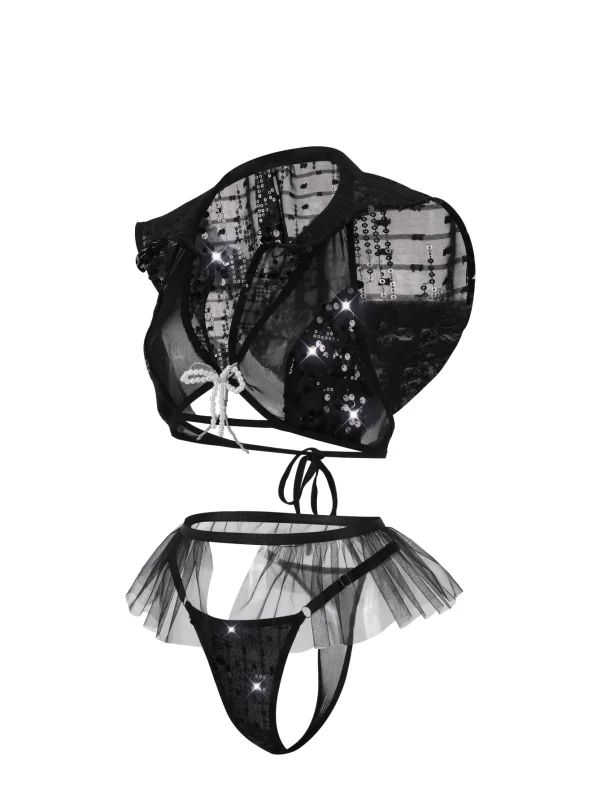 Black White Ruffle Cutout Lingerie Set for Women