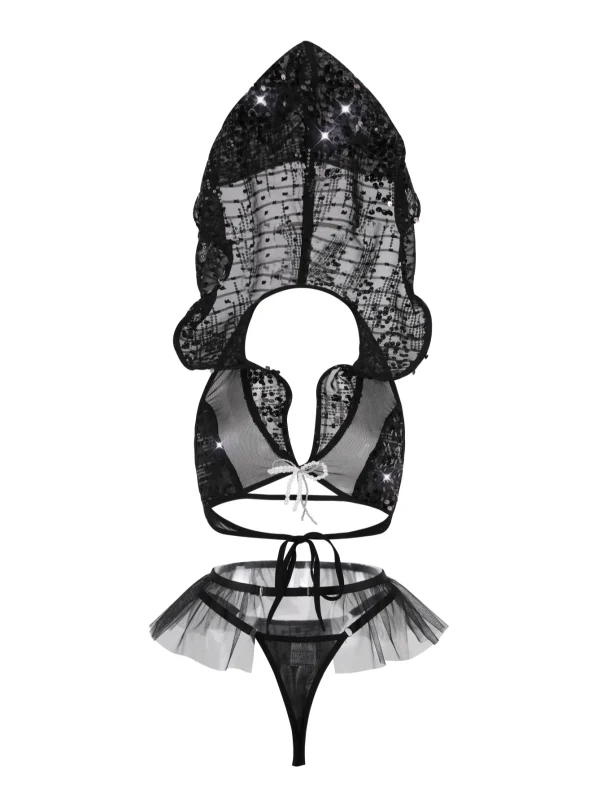 Black White Ruffle Cutout Lingerie Set