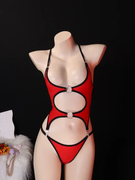 Red Black Cutout Bodysuit for Women
