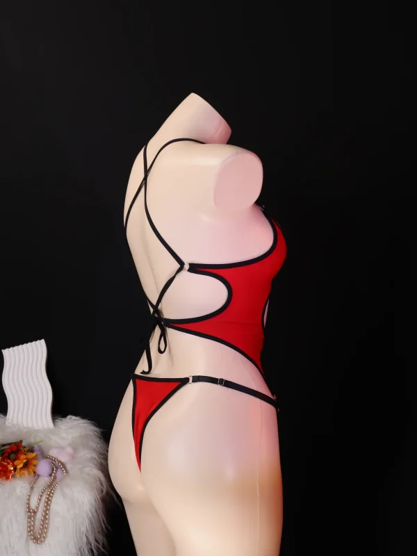 Red Black Cutout Bodysuit for Women